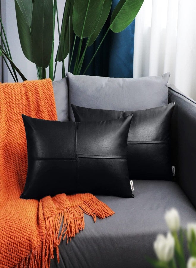 BRAWARM Faux Leather Throw Pillow Covers 12 X 20 Inches, Black Leather Lumbar Pillow Covers Pack of 2, Hand Stitched Leather Decorative Throw Pillows for Couch Sofa Bed Living Room Home Garden - Image 2